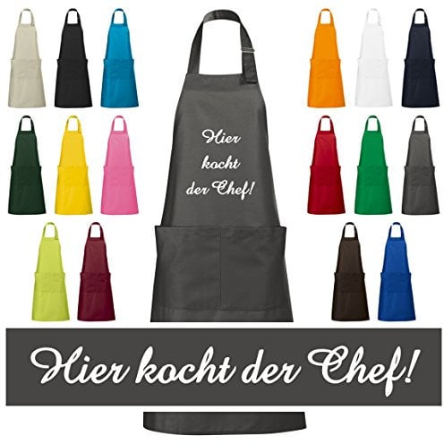 Schnoschi hochwertig bestickte Küchenschürze in Dunkelgrau, Schürze mit Hier kocht der Chef! gestickt