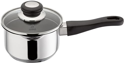 Judge Vista Draining Non-Stick Saucepan 14cm, 1.0L, Silver, Shatterproof Vented Glass Lid, Induction Ready, Oven Safe