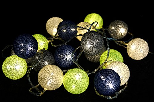 GURU SHOP Stoff Ball Batterielichterkette 3xAA, LED Kugel Lichterkette - Grün/blau/grau, Baumwollfäden, 6x6x315 cm, Lichterketten