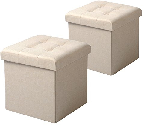 WOLTU 2er Set Sitzhocker mit Stauraum Sitzwürfel Sitzbank Faltbar Truhen Aufbewahrungsbox, Deckel Abnehmbar, Gepolsterte Sitzfläche aus Leinen, 37,5x37,5x38CM(LxBxH), Cremeweiß