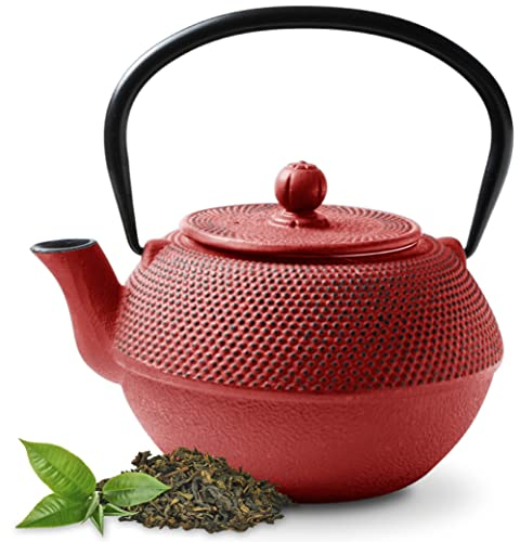 Tealøv Arare CAST Iron TEAPOT 1.1 Liter - with Stainless-Steel Fine-Meshed Infuser – Fully Enamelled Inside - Authentic Japanese Style Hobnail Design - Brews an Aromatic Cup of Tea - Japanese Red
