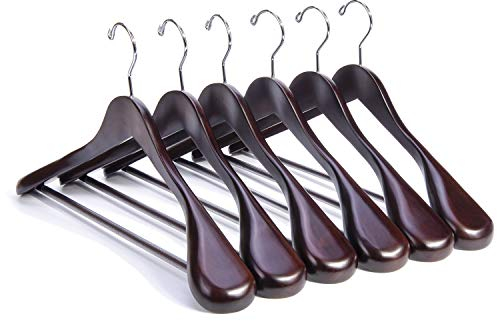Nature Smile Kleiderbügel aus Mahagoniholz – 6 Stück – Holz-Kleiderbügel, Jacke, glänzende Oberfläche mit extra breiten Schultern, 360 Grad drehbaren Haken und Anti-Rutsch-Stange mit Schraube