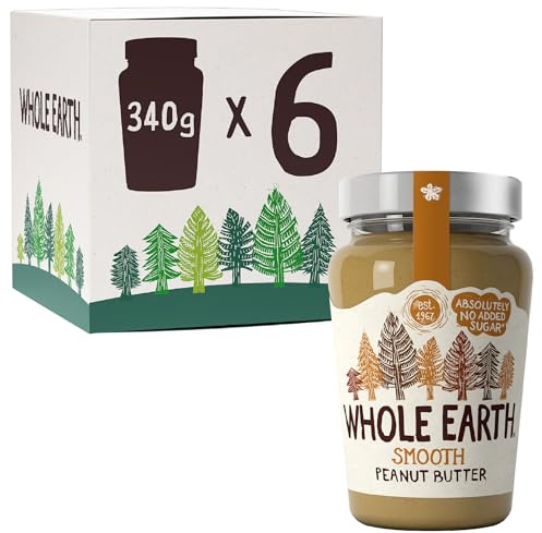 Whole Earth Smooth Peanut Butter, Original Nut Spread Made with All Natural Ingredients, No Added Sugar, Gluten Free, Vegetarian & Vegan Friendly (6x 340g Jars)