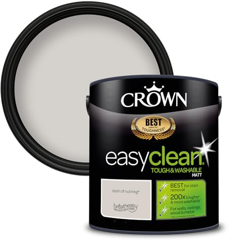 Crown EASYCLEAN Neutral Beige Matt Emulsion Wall Paint - Washable 2.5L | Stain resistant Dash Of Nutmeg 200x tougher. Wipeable on walls, ceilings, wood & metal. Ideal for hall & kids' rooms. Low VOC