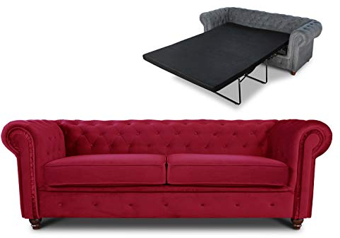 Schlafsofa Chesterfield Asti Bis 3-Sitzer, Sofa mit Schlaffunktion, Couch 3-er, Couchgarnitur, Sofagarnitur, Holzfüße, Polstersofa (Rot (Velvet 59))
