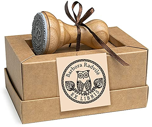 Ex libris Stempel Weise Eule Niedliche Vogel Personalisiert, Rund 37mm, Spezielle Geschenkbox