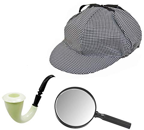 NOVELTY GIANT Sherlock Holmes Houndstooth Detective Hat with Costume Pipe & Magnifying Glass