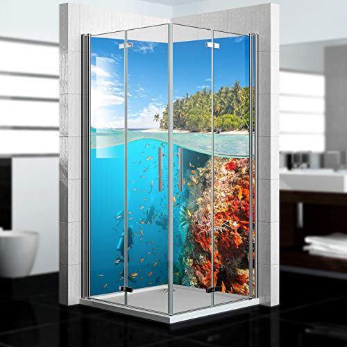 dedeco Eck-Duschrückwand wasserfest mit Ozean V1 Motiv - 2 x 90x200cm, Badrückwand zum Fliesenersatz, für viele Bäder als Dekorwand, Wandverkleidung und Duschplatte aus Aluminium - Made in Germany
