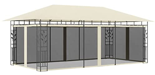 vidaXL Belvédère avec Moustiquaire Tonnelle Chapiteau de Jardin Tente de Réception de Patio Pavillon d'Extérieur Mariage 6x3x2,73 m Crème