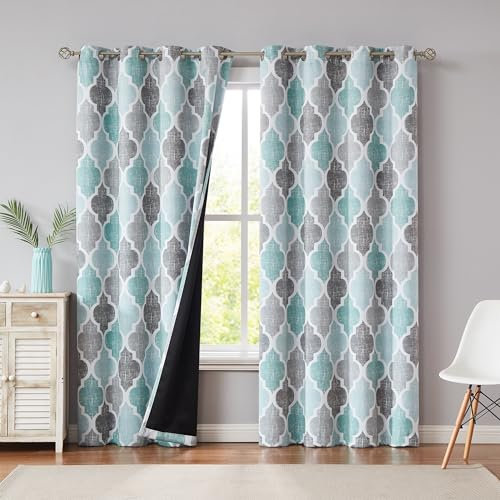 Beauoop Teal Grey Blackout Curtains for Living Room 90 Inch Drop Geometric Curtains Lattice Moroccan Print Room Darkening Thermal Insulated Energy Efficient Window Curtain Drapes 2 Panels