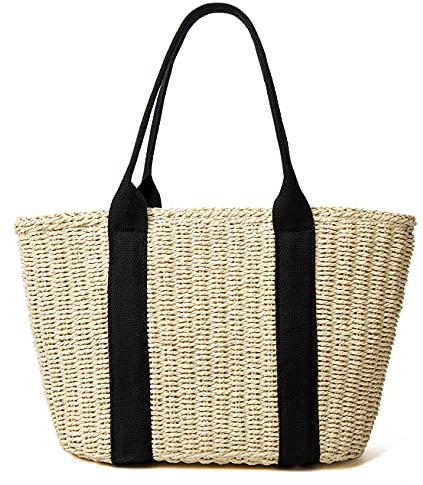 Damen Strohtasche Sommer Strand Große Tragetasche Handgemachte Gewebte Schulter Crossbody Handtasche, A-beige, Einheitsgröße