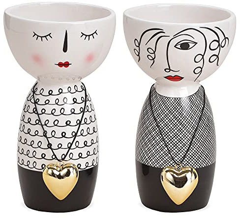matches21 Vase Blumenvase Dekovase Figur Gesicht schlafend weiß schwarz & Herzanhänger Gold Keramik 1 STK 2er sort Ø 9x16 cm