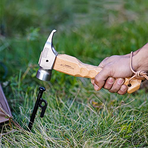 Camping Hammer, Multifunktions Outdoor Rostfreier Stahl Mallet Zelt Hammer, Hammergriff aus Massivem Holz mit Geschnitzter Oberfläche, Campinghammer mit Heringsauszieher, Mit Tragbarem Lanyard (Stahl)
