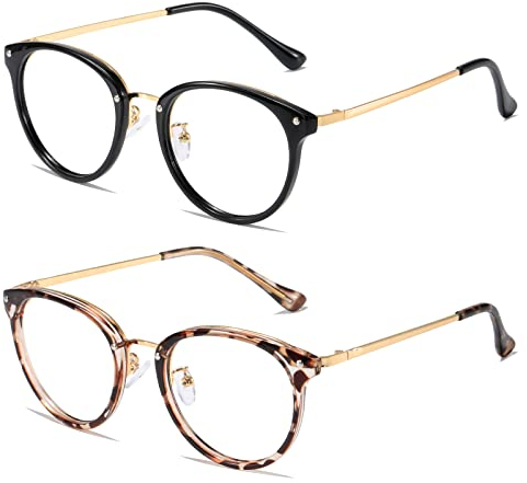 Cleoxyge Blaulichtfilter Brille Ohne Sehstärke für Damen-Herren,Metallrahmen Anti Blaulicht UV400-Schutz PC Gaming Mit Brillenetuis und Brillenputztuch (C009-2 Pack Leopard+ Schwarz)