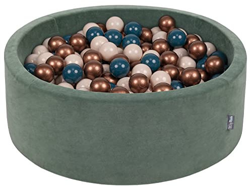 KiddyMoon Piscine À Balles pour Bébé Velours Rond 90X30cm/200 Balles 7Cm Fosses À Boules Jouet Enfant, Vert Forêt: Turquoise Foncé/Beige Pastel/Cuivre