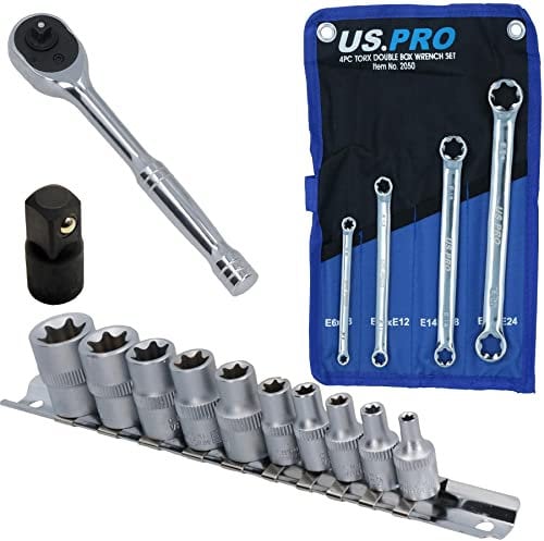 AB Tools Female Torx E Sockets E4-E18 + Spanners E6-E24 1/4 Drive Ratchet + Step Up
