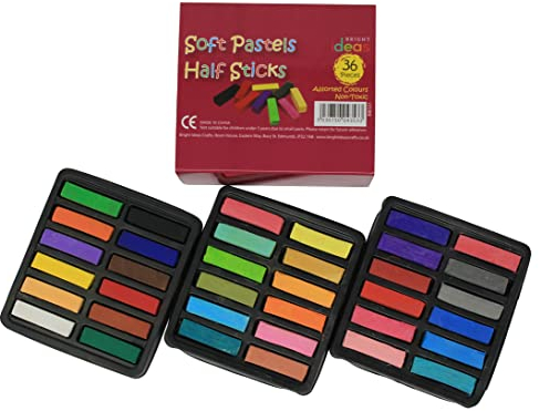 Bright Ideas Soft Pastels PK36 Assorted Colours Soft Pastels Half Sticks - Intense Bright Colours Perfect Square Chalk for Blending for Kids, Artists, Students - Pastels for Paper and Canvas. BI8321.