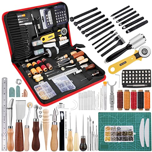 Kuppt Leder Werkzeug Set, Leder Nähset, Leder Bearbeitungs Werkzeug mit Leder Stanzwerkzeugen, Ledernieten Kit, Grover, Schneidematte, Zinkenstanze und Aufbewahrungstasche für Anfänger und Erwachsene