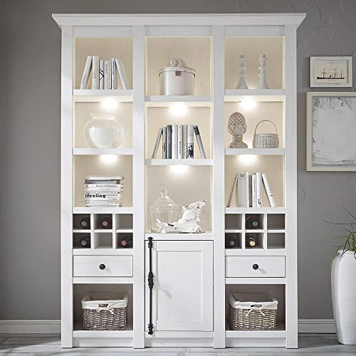 Lomadox Wohnzimmer Bücherregal im Landhaus Stil Dekor Pinie weiß Nb. inkl. Beleuchtung B/H/T ca. 147x207x45cm