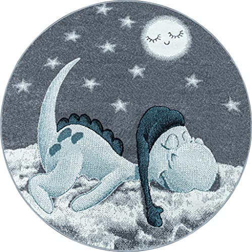 Muratap Kinderteppich für Kinderzimmer Deko - Bambi Dinosaurier - Kurzflor Teppich Dinosaurier Dino Sterne Mond Anti-Statisch und Anti-Allergisch - Oeko-TEX - Große: Ø120 cm - Rund - Farbe: Blau/Grau
