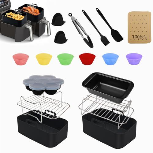 Air Fryer Silicone Liner for Ninja Foodi AF400UK AF500UK AF451UK Tower T17088, 12 Pcs Dual Air Fryer Accessories, Air Fryer Racks Loaf Tin Silicone Tongs Egg Cake Mold