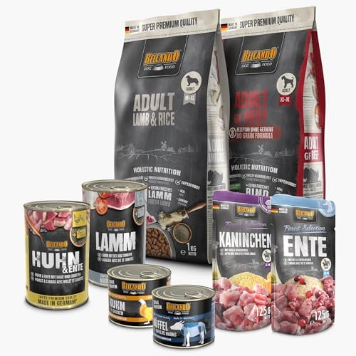 BELCANDO Hundefutter Kennenlernpaket Medium/Maxi, 2 Sorten Trockenfutter und 6 Sorten Nassfutter für mittelgroße bis große Hunde, ohne Zusatzstoffe, Made in Germany
