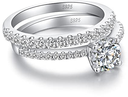 Jiamiaoi 18K Weißgold Plattiert Damen Ring Silber 925 Hochzeitsring Verlobungsring Ehering für Braut Solitär Diamant Ringe für Frauen (C-Runde Ring Sets, 57(18.10))