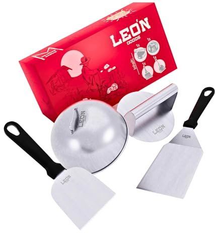 LEÓN Goods® - Smash Burger Set/Hamburger Set aus Edelstahl für Gasgrill, Feuerplatte, Teppanyaki UVM. Inkl. Burger Spachtel-Set, Burger Smasher (Burgerpresse) und Burger Glocke (L – 4 TLG.)