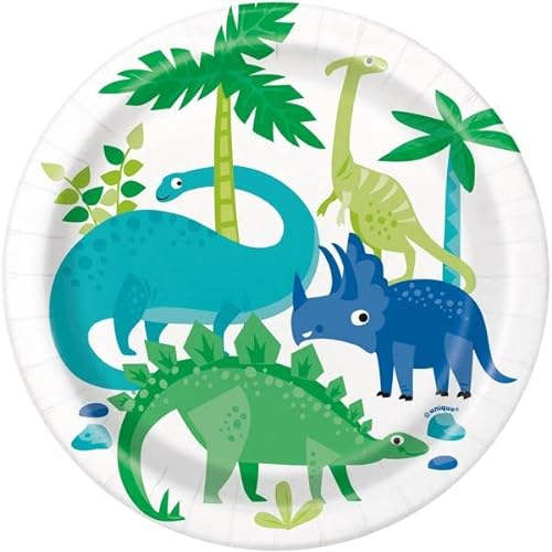 Unique 73884EU - Umweltfreundliche Pappteller – 18 cm – Blaue und Grüne Dinosaurier Party – 8 Stück (1 Stück)