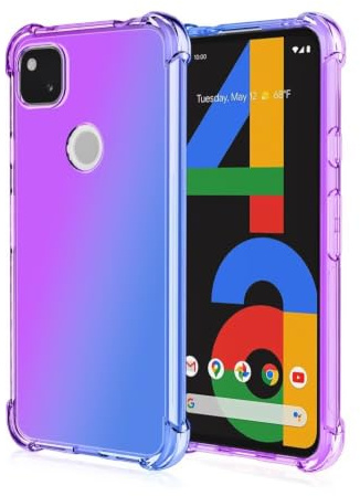 RankOne Hülle Geeignet für Google Pixel 4a (4G) (5.81 Inches) Transparente TPU Silikon Farbverlauf Color Case - Blau Lila