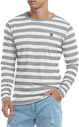 KUYIGO Mens Long Sleeve T Shirt Classic Striped Round Neck Versatile Young Fashion Tops M Gray White