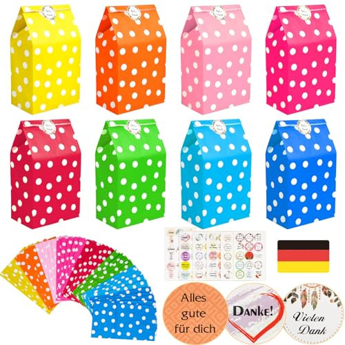 Papiertüten, 40 Stück Papiertüten Bunt Geschenktüten mit 72 Deutscher Aufkleber, Candy Tüten zum Verpacken von Geschenken, kindergeburtstag, Hochzeit, Giveaways, Party
