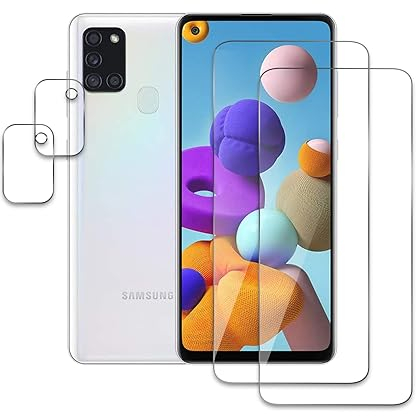 2+2 Stück Panzer Schutz Glas für Samsung Galaxy A21s, 2 Stücke Schutzfolie Mit 2 Stück Kameraschutz, 9H Härte Glas Folie Displayschutz, HD Klar, Anti-Kratz, Anti-Bläschen Panzerfolie