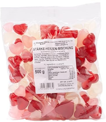 Gummi Bären Land | Stärke Herzen-Mischung – Fruchtgummi in Herzen-Form | 500 g | vegan, glutenfrei, laktosefrei | rote, rosa, weiße Herzen – Valentinstag, Muttertag