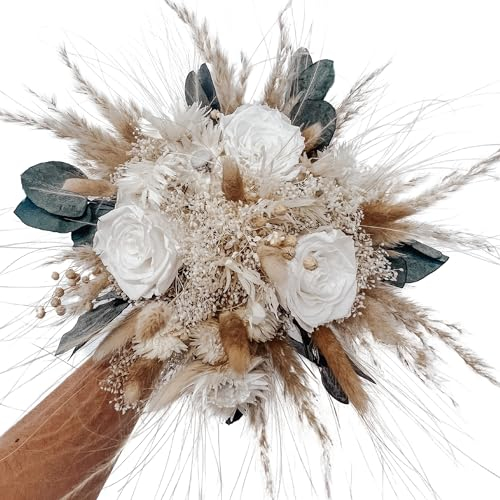 Brautstrauß Boho Bride aus Trockenblumen, Pampas, Infinity Rosen (Weiß-Grün)