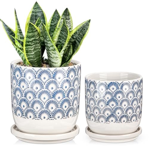 Hollyone 2 vasi per piante in ceramica da 13 cm e 15 cm, vasi rotondi da giardino con piattini e foro di drenaggio, vasi da fiori blu decorativi per piante grasse da esterno, mini piante da
