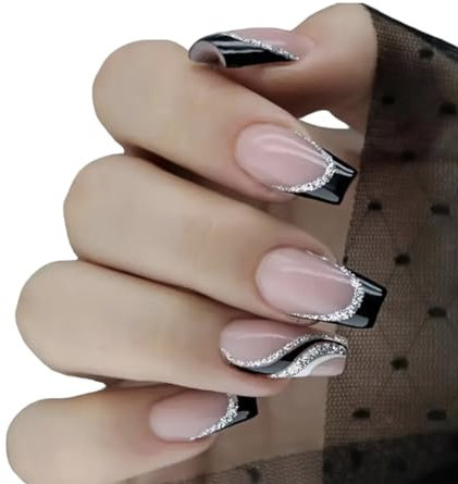 Black White Silver Press on Nails, Black & Silver Stick on Nails, Fake Formal Set of 24