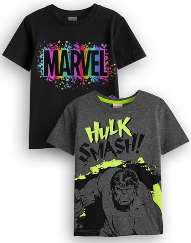 Marvel Boys Pack of 2 T-Shirts | Kids Superhero Short Sleeve Graphic Tees in Black & Dark Heather Grey | Classic Logo & Hulk Smash Comic Book Artwork Apparel Tops | Film Movie Merchandise Gift