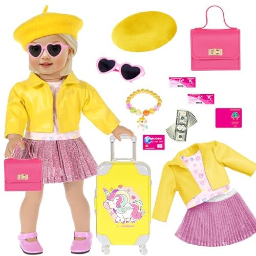 18 inch Doll Clothes and Doll Accessories Case Luggage Travel Play Set Include Yellow Jacket, Top, Skirt, Hat, Handbag, Glasses, Bracelet... (No Doll)