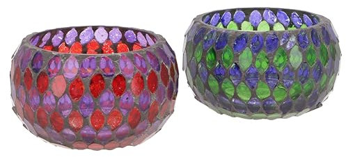 GURU SHOP 2 Handgearbeitete Glas Mosaik Windlichter, Romantisches Windlicht, Mosaik Teelicht, Vintage Teelichthalter - Set 7, 7x11x11 cm