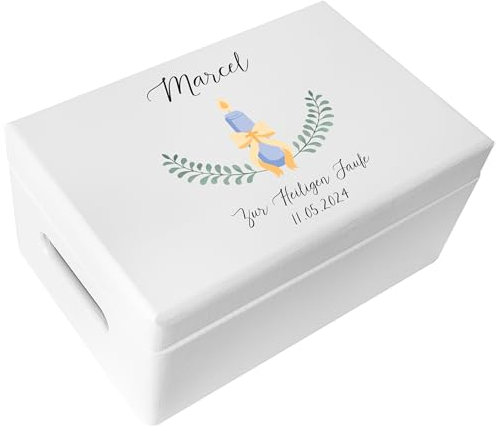 Creative Deco Weiß Personalisiert zur Taufe Geschenk für Mädchen und Junge | Kerze Motiv | Holzkiste Erinnerungsbox Deko | Individuelles Geschenk Spielzeugkiste Holzbox mit Deckel | Spardose