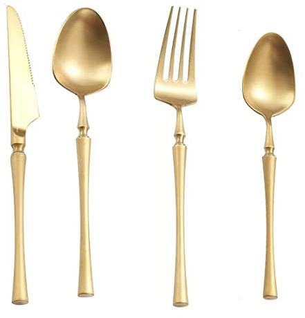 Juego de cubiertos dorados para 4, juego de cubiertos de acero inoxidable, 20 piezas de utensilios de cocina únicos con cuchillos para carne, juego de vajilla para comedor, cocina y restaurante (color