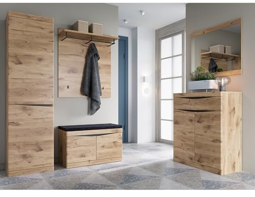 Lomadox Garderoben Set 5-teilig Garderobe mit Hochschrank Garderobenpaneel Schuhschrank Kommode Spiegel modern in Eiche
