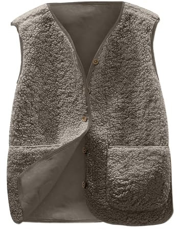 Yutdeng Gilet Donna Pile Invernale Smanicato Elegante Gilet Giubbotto Senza Maniche Giacca Teddy con Scollo a V e Bottoni Leggero Panciotto con Tasche,Cachi,L