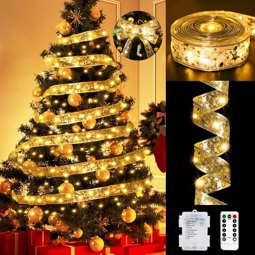 btfarm 12M 120LED Weihnachtsband Lichter mit Fernbedienung 8 Modi Timer Batteriebetriebene Weihnachtslichterkette für Innen Außen Party Hochzeiten Weihnachtsdeko(Goldband, WarmWeiß Licht)
