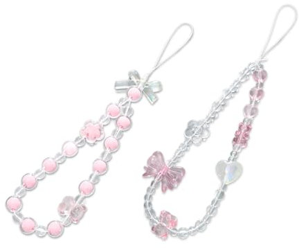 Onperpoe 2 PCS Phone Charm Strap Cute Crystal Beads Phone Charm Bracelet Phone Lanyard Wrist Strap Aesthetic Phone Chain Accessories for Women Girls Keychain, Backpack, Wallet Decoration (Pink Bear)