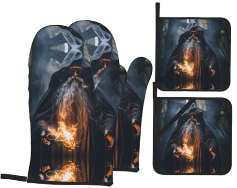WZYWHJ Ofenhandschuhe und Topflappen, 4-teiliges Set, Ofenhandschuhe, Topflappen und Ofenhandschuhe für Küche, Backen, Kochen, Grillen, Zauberer, bedruckt