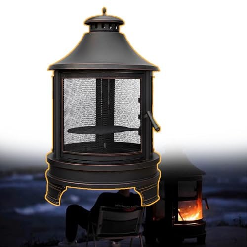 WEIMILOR 2-in-1-Feuerstelle für den Außenbereich mit Grill, 30-Zoll-Kamin aus Metall, Holzkamin mit Schornstein, Funkenschutztür und Schürhaken, Terrassenfeuerstelle für Garten