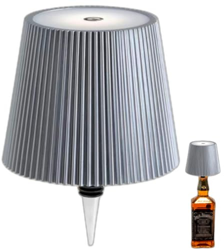 Lampada per Bottiglia Senza Fili, Lampada Bottiglia di Vino per Bottiglie di Liquore 3 Colori Dimmerabili a Batteria Ricaricabile Paralume da Tavolo Touch per Ristorante, Bar (Argento)