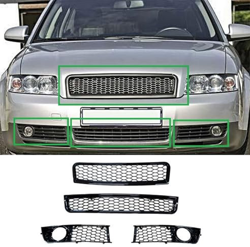 Waben- Gitter- Kühler- Sport- Front- Rippen- Grill für Stoßstange unten mit Lüftungsgittern Links Rechts Set Schwarz Glanz 4-teilig Kompatibel mit A4 B6